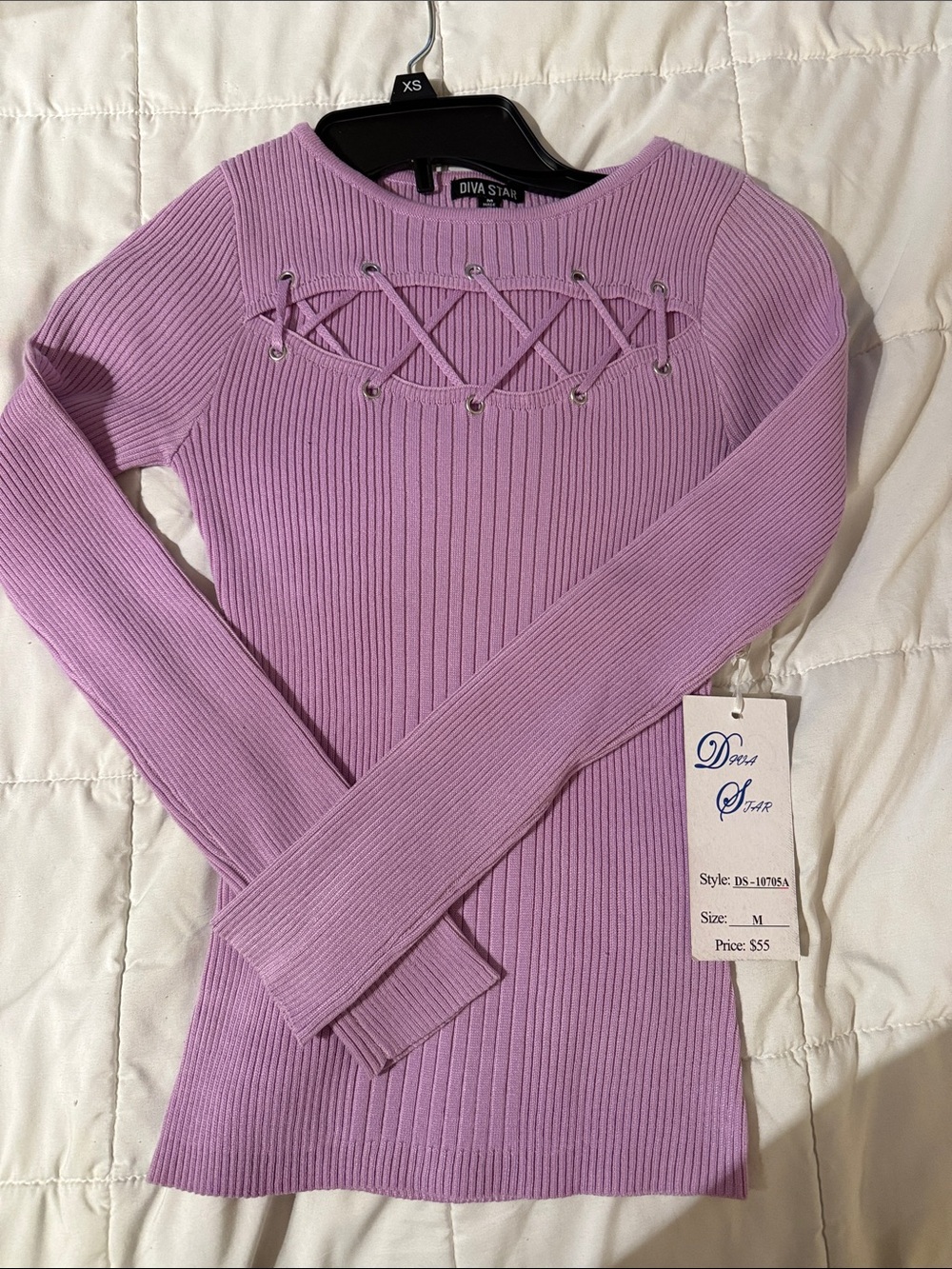 Diva Star Lavender Ribbed Lace-Up Long Sleeve Top